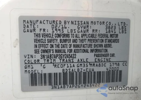 2016 Nissan Sentra S from USA, damaged, VIN 3N1AB7AP2GY245422